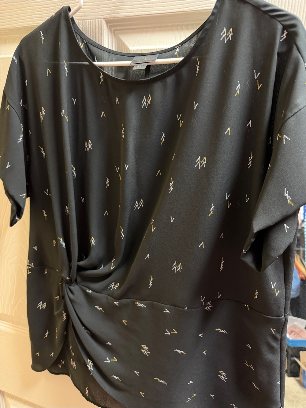 Black Twist-Front Blouse with white and gold designs